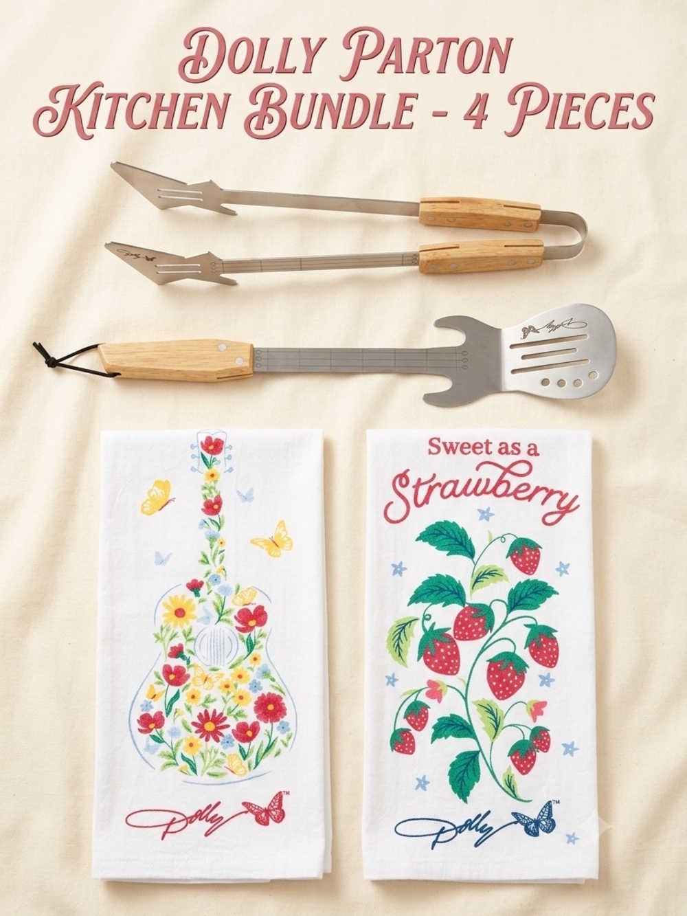 Dolly Collection Guitar Kitchen Bundle Towels & Wood-Handled Grilling Tool Set